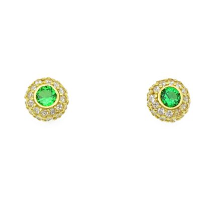 Γυναικεία χρυσά σκουλαρίκια ροζέτες 14 καρατίων με πράσινα και λευκά ζιργκόν
