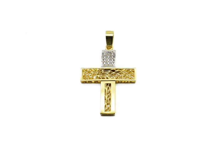 Γυναικείος δίχρωμος χρυσός σταυρός,14 καρατίων με ζιργκόν