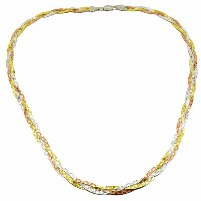 Ασημένιο επιπλατινωμένο γυναικείο κολιέ πλεξίδα στα τρία χρώματα του χρυσού