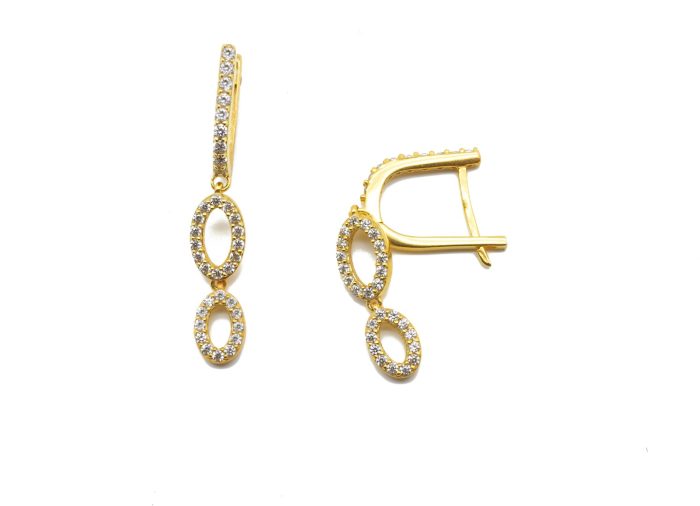 Χρυσά γυναικεία κρεμαστά σκουλαρίκια, 14 καρατίων, με κάθετο σύμβολο του απείρου, στολισμένα με λευκά ζιργκόν