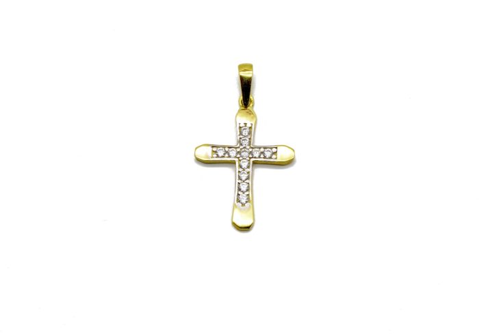 Χρυσός δίχρωμος γυναικείος μικρός σταυρός, 9 καρατίων, στολισμένος με λευκά ζιργκόν