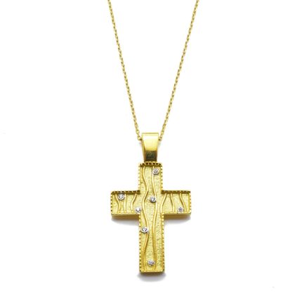 Χρυσός γυναικείος σταυρός, δυο όψεων, 9 καρατίων, με αλυσίδα μήκους 45 εκατοστών