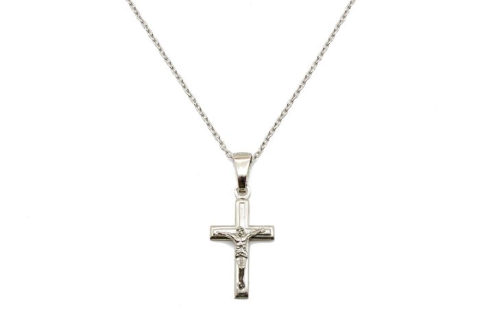 Ασημένιος επιπλατινωμένος σταυρός με τον Εσταυρωμένο και αλυσίδα μήκους 45 εκατοστών