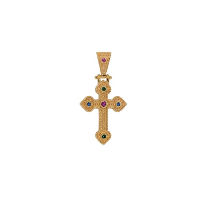 Ασημένιος επιχρυσωμένος βυζαντινός γυναικείος σταυρός στολισμένος με πολύχρωμα ζιργκόν .Συνοδεύεται από αλυσίδα.