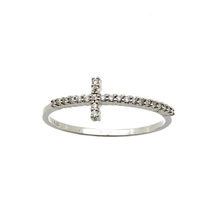 Λευκόχρυσο γυναικείο δαχτυλίδι, 14 καρατίων, σε σχήμα σταυρού με λευκά ζιργκόν