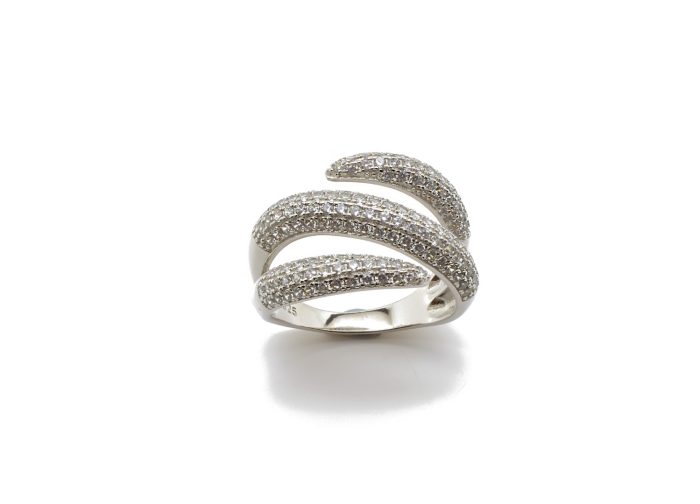 Ασημένιο επιπλατινωμένο φαρδύ δαχτυλίδι με λευκά ζιργκόν