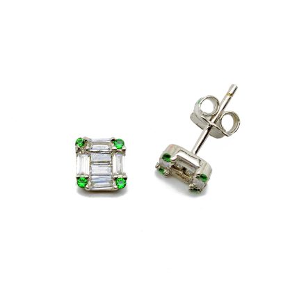 Ασημένια επιπλατινωμένα σκουλαρίκια, σε τετράγωνο σχήμα, στολισμένα με λευκά και μικρά πράσινα ζιργκόν