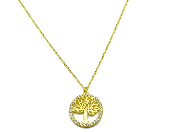 Χρυσό κολιέ, 9 καρατίων, με το δέντρο της ζωής, στολισμένο περιμετρικά με λευκά ζιργκόν