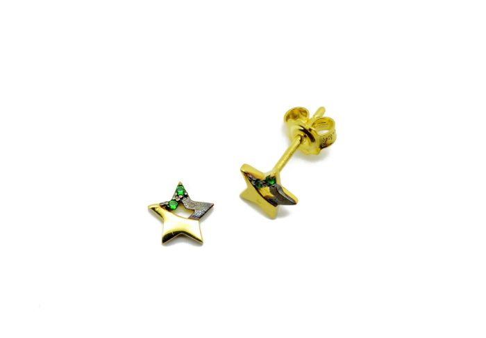 Χρυσά σκουλαρίκια, 9 καρατίων, σε σχήμα αστεριού, στολισμένα με πράσινα ζιργκόν