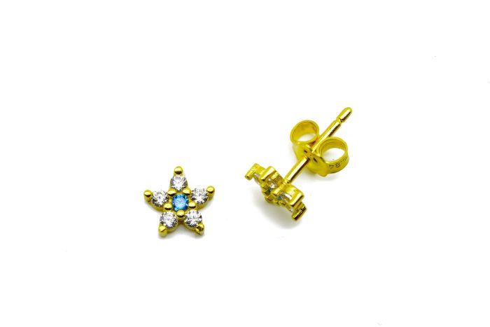 Χρυσά σκουλαρίκια, 9 καρατίων, σε σχήμα αστεριού, στολισμένα με λευκά ζιργκόν και σιελ κέντρο