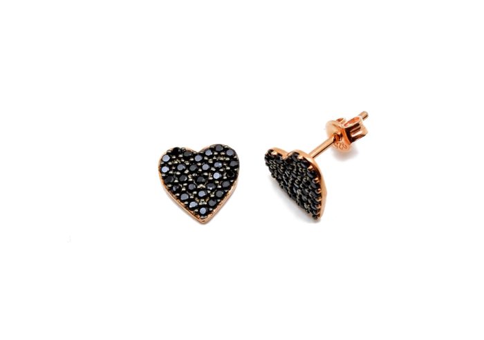 Ασημένια σκουλαρίκια με ροζ επιχρύσωμα σε σχήμα καρδιάς, στολισμένα με μαύρα ζιργκόν