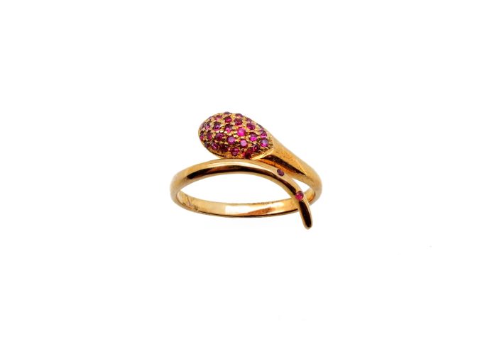 Ασημένιο γυναικείο δαχτυλίδι φίδι με ροζ επιχρύσωμα, στολισμένο με μπορντό ζιργκόν, one size