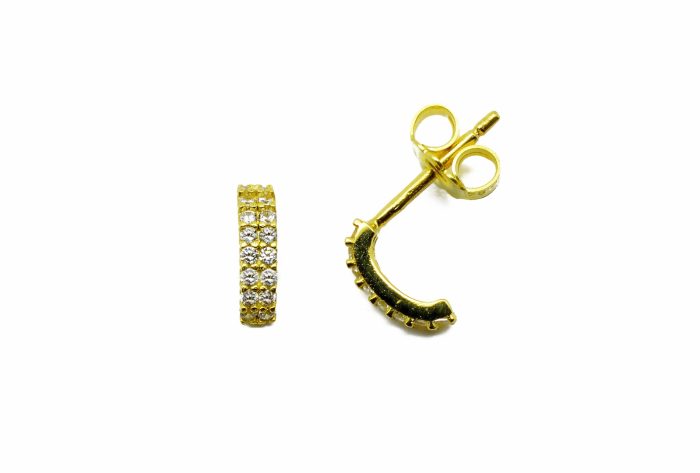 Χρυσά γυναικεία σκουλαρίκια, 9 καρατίων, μισά κρικάκια, στολισμένα με λευκά ζιργκόν