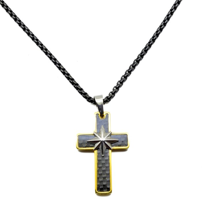 Ατσάλινος ανδρικός σταυρός με αλυσίδα μήκους 45 εκατοστών, σε μαύρο χρώμα