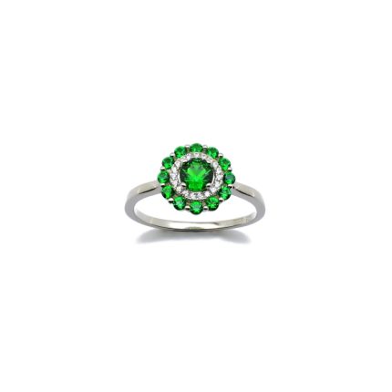 Ασημένιο επιπλατινωμένο γυναικείο δαχτυλίδι,ροζέτα, με πράσινα και λευκά ζιργκόν