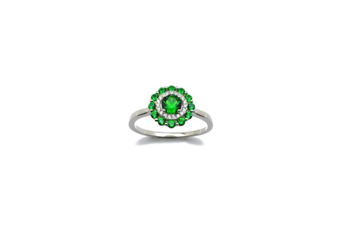 Ασημένιο επιπλατινωμένο γυναικείο δαχτυλίδι,ροζέτα, με πράσινα και λευκά ζιργκόν