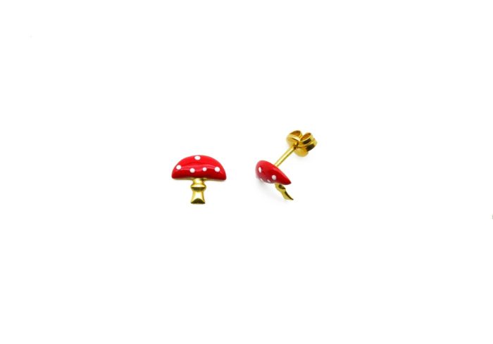 Χρυσά παιδικά σκουλαρίκια,14 καρατίων, μανιτάρια, με κόκκινο σμάλτο