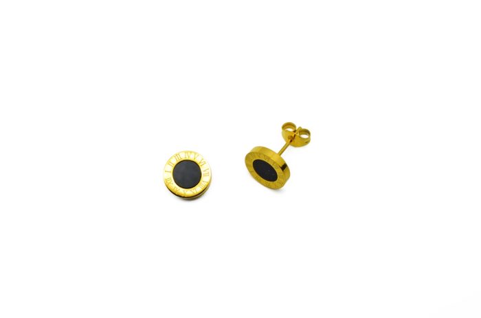 Ατσάλινα γυναικεία σκουλαρίκια σε χρυσό χρώμα με μαύρο όνυχα, διαμέτρου 10 mm
