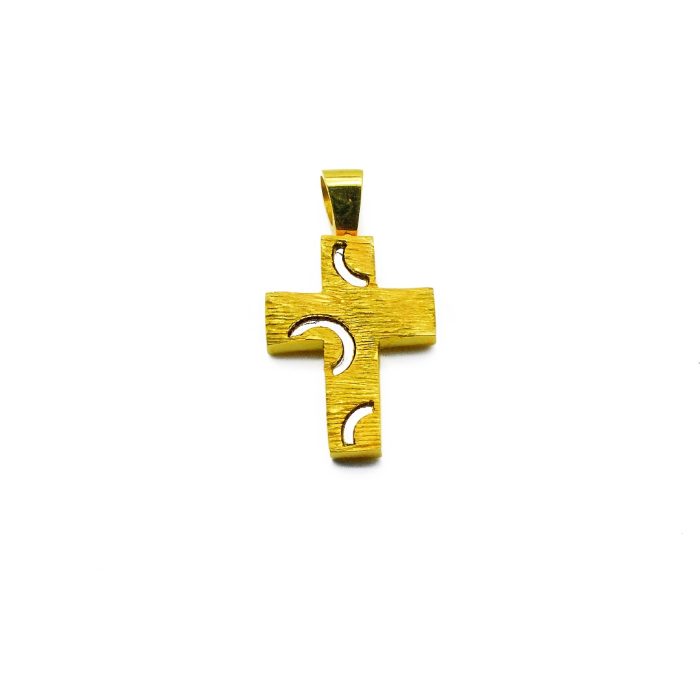 Χρυσός unisex σταυρός, διπλής όψης,14 καρατίων, με ματ επιφάνεια και λευκόχρυσους στολισμούς