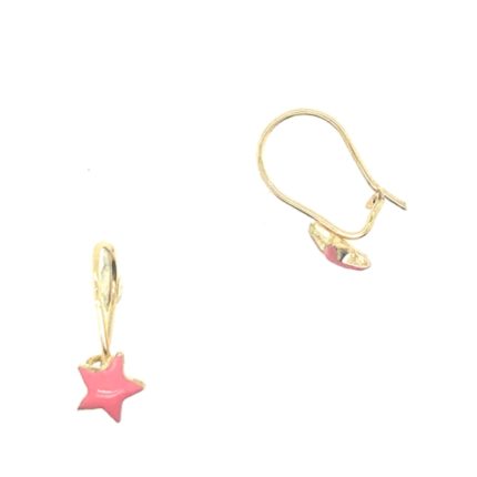 Χρυσά παιδικά σκουλαρίκια, 9 καρατίων, με γάντζο που κουμπώνει και ροζ αστεράκια