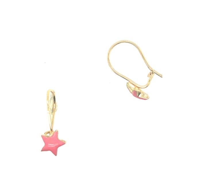Χρυσά παιδικά σκουλαρίκια, 9 καρατίων, με γάντζο που κουμπώνει και ροζ αστεράκια