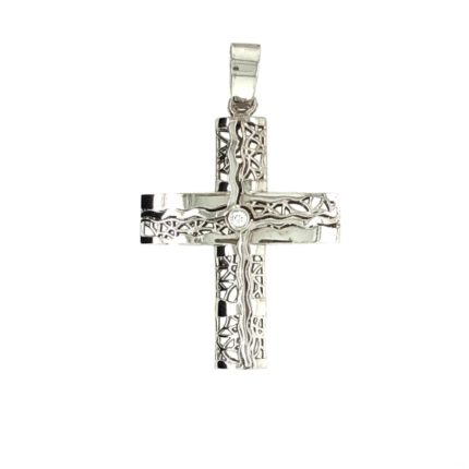 Λευκόχρυσος γυναικείος σταυρός, 14 καρατίων, δύο όψεων, στολισμένος μς ένα κεντρικό λευκό ζιργκόν
