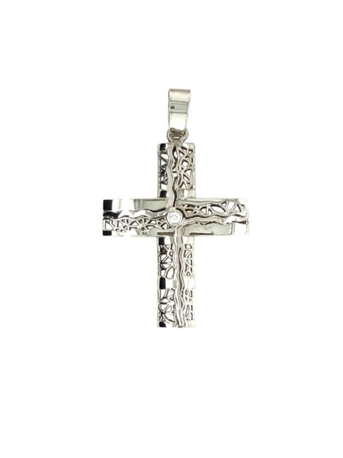 Λευκόχρυσος γυναικείος σταυρός, 14 καρατίων, δύο όψεων, στολισμένος μς ένα κεντρικό λευκό ζιργκόν