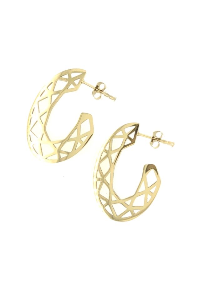 Ατσάλινα σκουλαρίκια κρίκοι σε πλακέ σχέδιο με γεωμετρικά σχήματα, σε χρυσό χρώμα