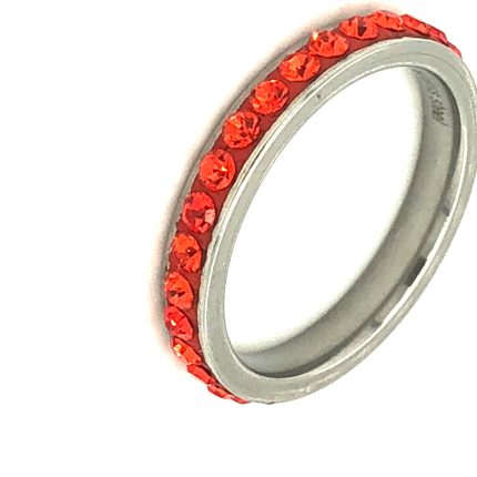 Ατσάλινο δαχτυλίδι-βεράκι σε ασημί χρώμα, στολισμένο με πορτοκαλί πέτρες swarovski