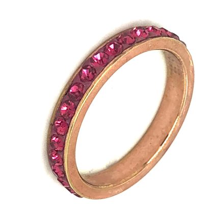 Ατσάλινο δαχτυλίδι-βεράκι σε ροζ χρυσό χρώμα, στολισμένο με φούξια πέτρες swarovski
