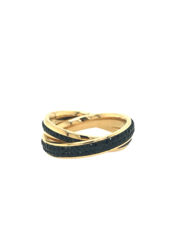 Ατσάλινο γυναικείο δίβερο δαχτυλίδι, στολισμένο με μαύρα ζιργκόν, σε χρυσό χρώμα
