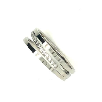 Ατσάλινο δαχτυλίδι-βεράκι σε ασημί χρώμα, στολισμένο με διακριτικά λευκά ζιργκόν