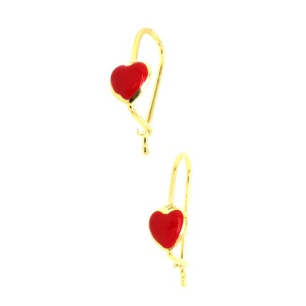 Ασημένια επιχρυσωμένα παιδικά σκουλαρίκια με γάντζους που κουμπώνουν και κόκκινες καρδούλες