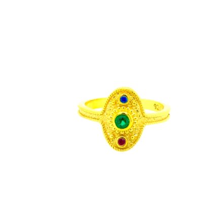 Ασημένιο επιχρυσωμένο δαχτυλίδι σε βυζαντινό στιλ, στολισμένο με πολύχρωμα ζιργκόν