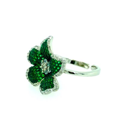 Ασημένιο επιπλατινωμένο δαχτυλίδι, one size, σε σχήμα λουλουδιού, στολισμένο με λευκά καιπράσινα ζιργκόν