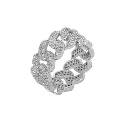 Ασημένιο, επιπλατινωμένο φαρδύ δαχτυλίδι, στιλ αλυσίδας, στολισμένο με λευκά ζιργκόν