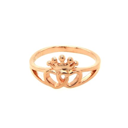 Ασημένιο ροζ επιχρυσωμένο δαχτυλίδι, με δύο καρδιές και κορώνα