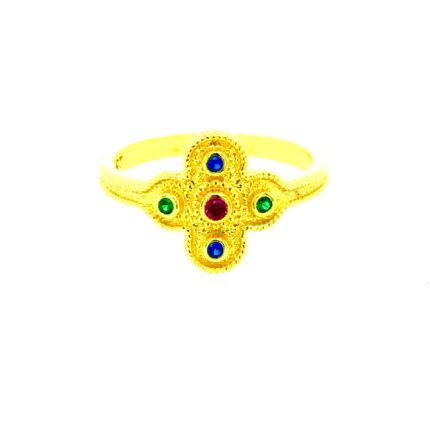 Ασημένιο επιχρυσωμένο δαχτυλίδι σε βυζαντινό στιλ, σε σχήμα σταυρού, στολισμένο με πολύχρωμα ζιργκόν
