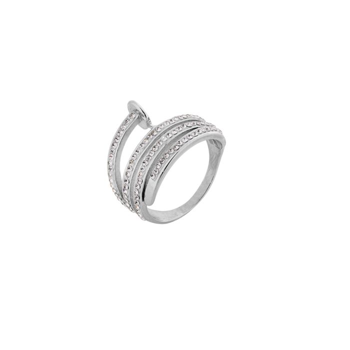 Ατσάλινο γυναικείο φαρδύ δαχτυλίδι, σε σχήμα καρφί, στολισμένο με λευκά ζιργκόν