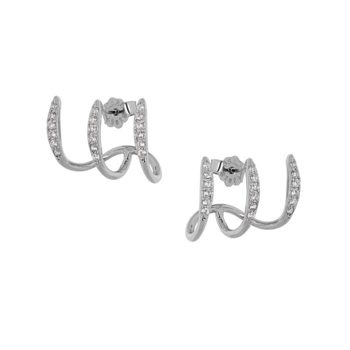 Ασημένια, 925, επιπλατινωμένα σκουλαρίκια σαν τριπλά κρικάκια, στολισμένα με λευκά ζιργκόν