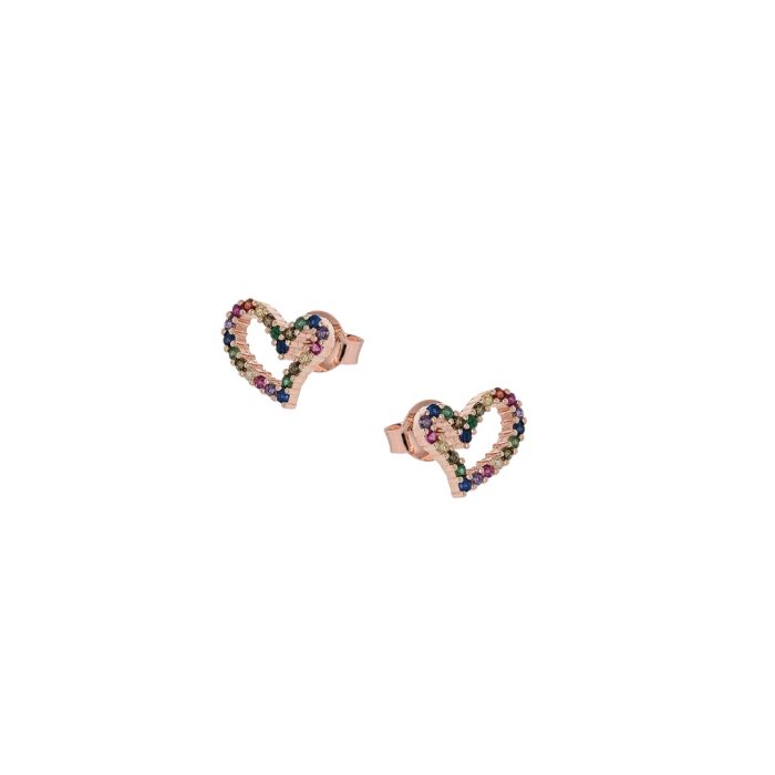 Ασημένια, 925, ροζ επιχρυσωμένα σκουλαρίκια καρδιές ,στολισμένα με πολύχρωμα ζιργκονάκια