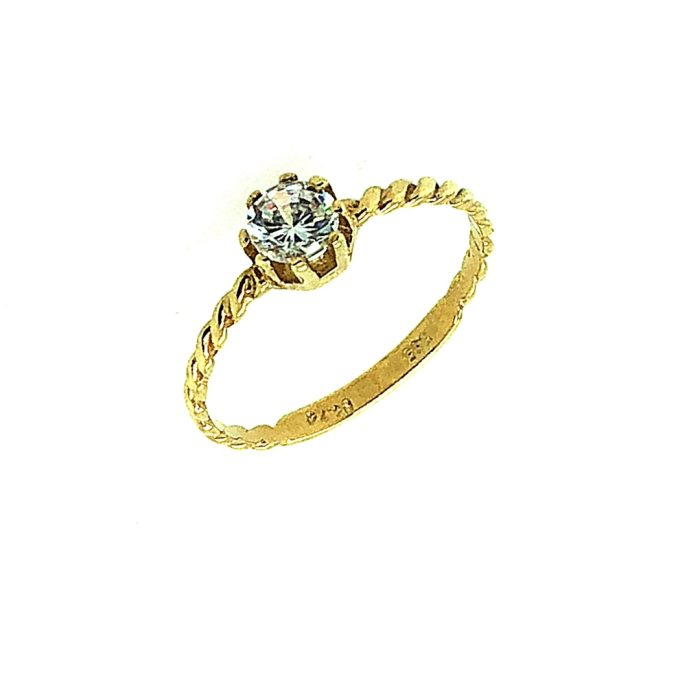 Χρυσό μονόπετρο δαχτυλίδι, 14 καρατίων, με στριφτό βεράκι, στολισμένο με λευκό ζιργκόν
