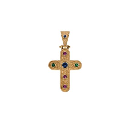 Ασημένιος επιχρυσωμένος βυζαντινός γυναικείος σταυρός στολισμένος με χρωματιστά ζιργκόν