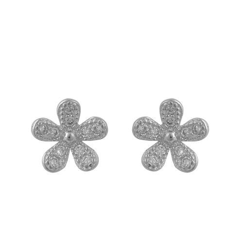 Ασημένια,925, καρφωτά σκουλαρίκια σε σχήμα λουλουδιού διακοσμημένα με λευκές πέτρες ζιργκόν