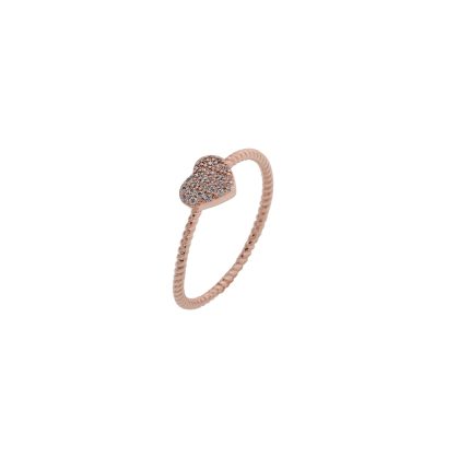 Ασημένιο, 925, ροζ επιχρυσωμένο στριφτό δαχτυλίδι με καρδιά, στολισμένη με λευκά ζιργκόν
