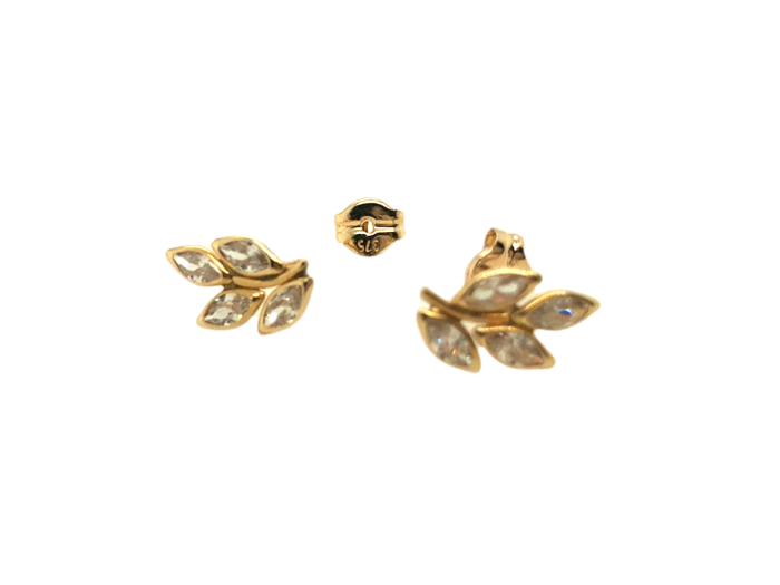 Χρυσά σκουλαρίκια, 9 καρατίων, σε σχήμα κλαράκι με φύλλα, στολισμένα με λευκά ζιργκόν