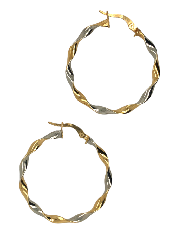 Χρυσά σκουλαρίκια κρίκοι, 14 καρατίων, με δίχρωμο στριφτό σχέδιο