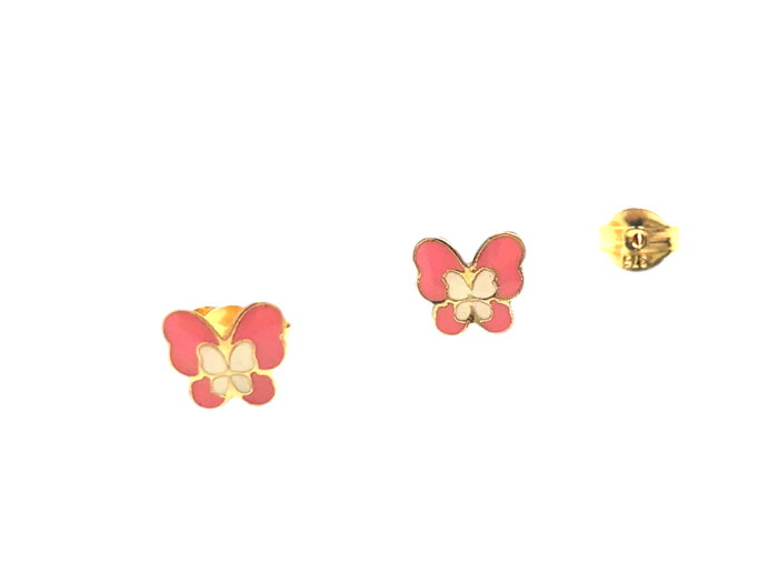 Χρυσά σκουλαρίκια, 9 καρατίων, με πεταλούδες με ροζ σμάλτο