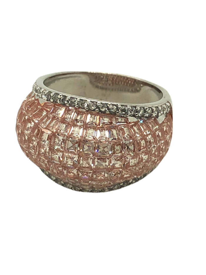 Ασημένιο, 925, επιπλατινωμένο φαρδύ δαχτυλίδι με λευκά ζιργκόν και ροζ επιχρυσωμένες λεπτομέριες