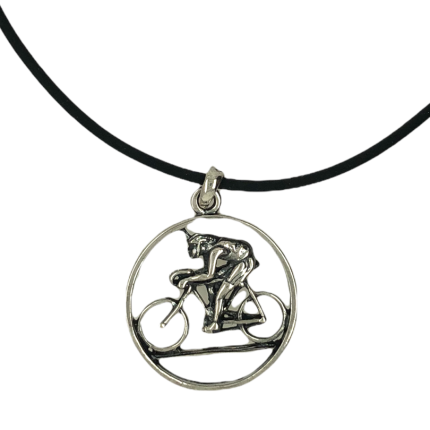 Ασημένιο κρεμαστό μοτίφ, 925, με το άθλημα της ποδηλασίας και κορδόνι μήκους 50 εκατοστών με ασημένιο κούμπωμα